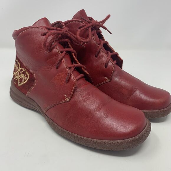 THINK! Denk! Leather Embroidered‎ Ankle Boots 37 US 6 Lace Up Red Comfortable - Picture 1 of 16